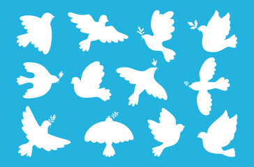 Fototapeta premium Peace symbol dove set. Flying bird dove with olive branch sign, peace and love pigeon icon. Freedom, humanity emblem peaceful and no war concept. Isolated silhouette simple logo design elements