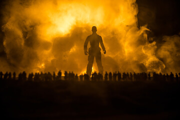 Creative artwork decoration war on Ukraine. Crowd looking on giant explosion and attacking soldiers.