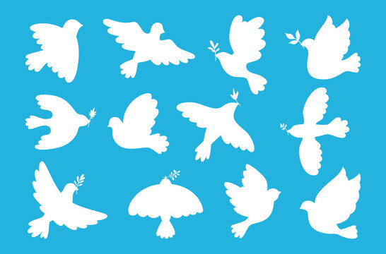 Peace symbol dove set. Flying bird dove with olive branch sign, peace and love pigeon icon. Freedom, humanity emblem peaceful and no war concept. Isolated silhouette simple logo design elements