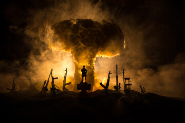 Creative artwork decoration war on Ukraine. Crowd looking on giant explosion and attacking soldiers.