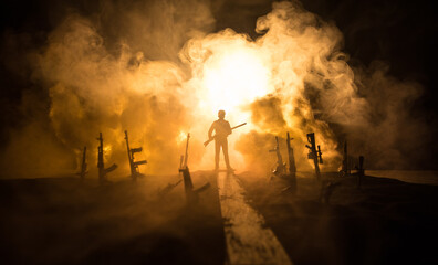 Creative artwork decoration war on Ukraine. Crowd looking on giant explosion and attacking soldiers.