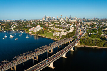 Aerial view of major road connected to Sydney CBD in Australia - obrazy, fototapety, plakaty