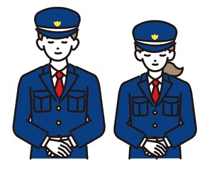 お辞儀をする男女の警備員の上半身のベクターイラスト素材／ガードマン／交通誘導／ビル