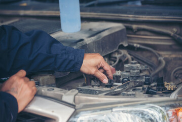 Mechanic car service auto garage in automotive mobile center. Technician workshop repair engine motor vehicles service mechanical engineering business. Automobile mechanic hands car repairs technic