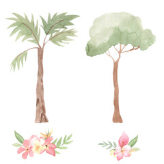 Watercolor palm and tree illustration for kids - obrazy, fototapety, plakaty