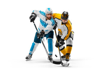 Two professional hockey players riding on ice. Hockey concept. Fight for the puck. Isolated. Sports emotions