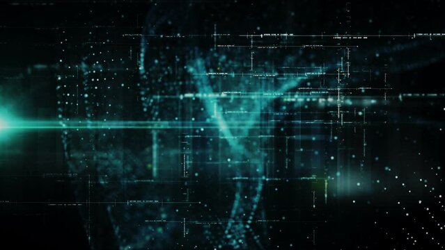 Futuristic abstract de-focus Metaverse data matrix, meta, telemetry and encrypt numbers display with particles simulation in cyber space environment for HUD loop background