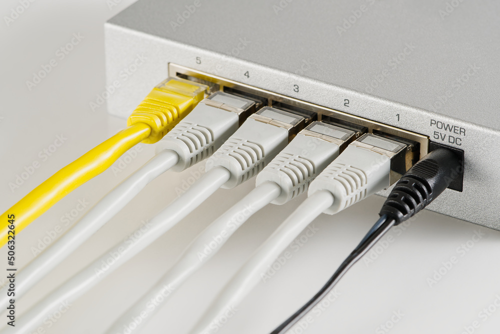 Aufkleber small router and switch. tcp ip network business concept. high - performance gigabit switch. home ne