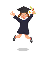 cute little girl student in graduation gown holding certificate diploma jumping in happy graduation day