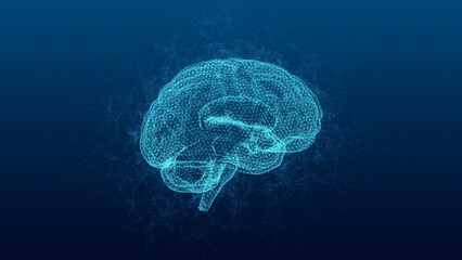 Brain. Low polygonal abstract digital human brain. Neural network. IQ testing, artificial intelligence virtual emulation science technology concept. Brainstorm think idea. 3D illustration. - obrazy, fototapety, plakaty