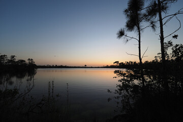 Fototapeta na wymiar Twilight over Pine Glades Lake in Everglades National Park, Florida on calm clear April evening.