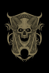 Skull temple ornament and horn with moon artwork illustration