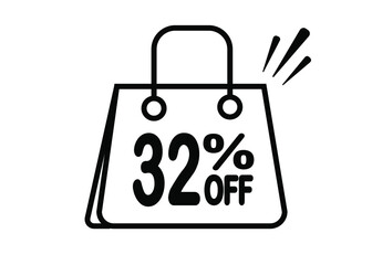 32 percent discount bag. Black and white banner with floating bag for promotions and offers.