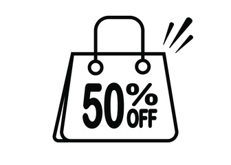 50 percent discount bag. Black and white banner with floating bag for promotions and offers.