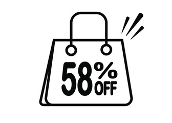 58 percent discount bag. Black and white banner with floating bag for promotions and offers.