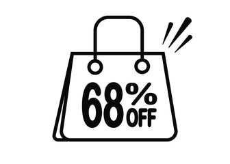 68 percent discount bag. Black and white banner with floating bag for promotions and offers.