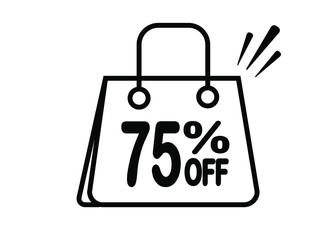 75 percent discount bag. Black and white banner with floating bag for promotions and offers.