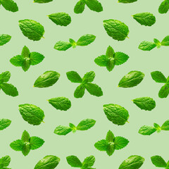 Seamless pattern of fresh mint leaves on green background for packaging design. peppermint abstract background.
