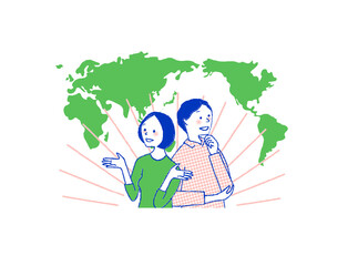 喜ぶ男女と世界地図
