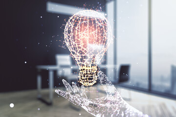 Creative light bulb illustration and modern desktop with pc on background, future technology concept. Multiexposure