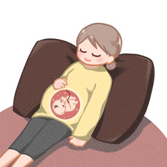 大きなクッションにもたれかかる妊婦さんとお腹の赤ちゃんのイラスト