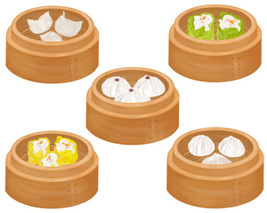 Chinese food style, Top view of pork, Shrimp and Prawns dumpling, Kui Chai or Chinese dumpling and Roasted pork bun on white background, Hand drawn of collection food concept, Great for menu, Dim Sum