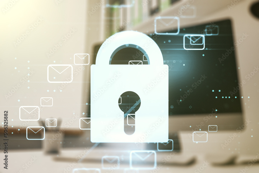 Poster creative lock sketch with email symbols hologram and modern desk with computer on background, protec