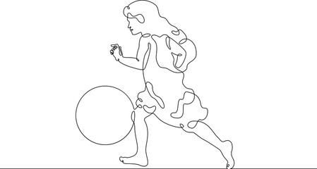 One continuous line.Kids games.Little girl is playing ball. The child runs with the ball. Kid in play. One continuous line drawn isolated, white background.