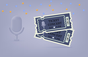 Two concert tickets 3d. A paper pass to enter a park, club, cinema, theater, party or show. Access to view an entertainment event. Leisure concept, tickets with a barcode and microphone. Vector