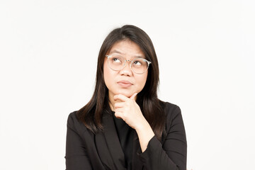 Thinking Gesture Of Beautiful Asian Woman Wearing Black Blazer Isolated On White Background