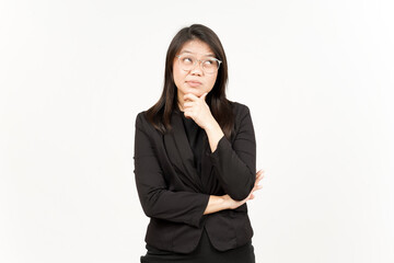 Thinking Gesture Of Beautiful Asian Woman Wearing Black Blazer Isolated On White Background