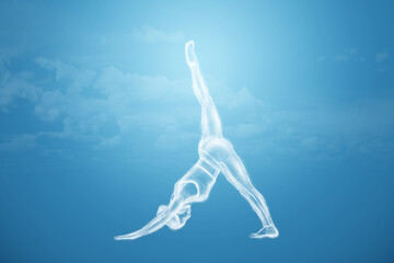 Fototapeta na wymiar A neon image of a girl, a hologram of a girl in a yoga pose with a raised leg, or a Pilates figure. Standing in one position, healthy lifestyle, relaxation, reboot. 3D render, 3D illustration