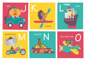 Fototapeta premium Cute vector alphabet with animals and transport in cartoon style. J, K, L, M, N, O. Part 3.