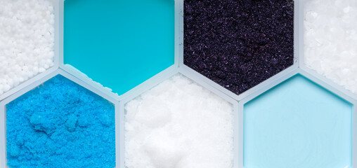 Chemical ingredient in hexagonal molecular shaped container. Urea, Shampoo Liquid, Potassium...