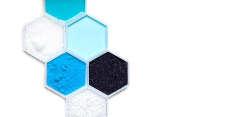 Chemical ingredient in hexagonal molecular shaped container. Shampoo Liquid, Sodium Hydroxide...
