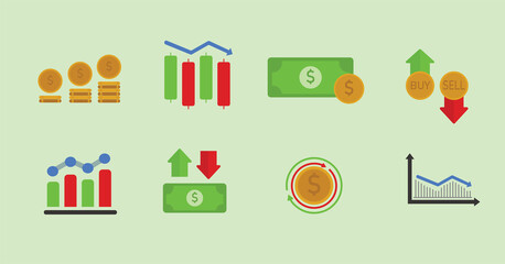 Stock Market icon set. Contain filled flat bear market, stock market, prices, stock agent, business day, capital stock, commission icons. Editable format.