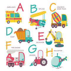 Vector alphabet transport in cartoon style. A, B, C, D, E, F, G, H . Part 1. © Alena