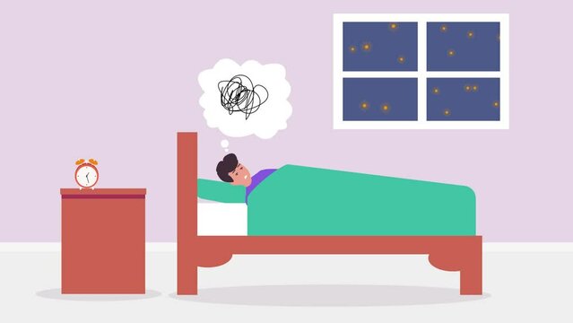 Sleepless boy animation looks anxiety on the bed