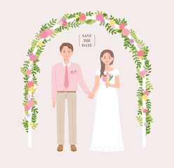 Bride and groom characters holding hands under an arch decorated with flowers. flat design style vector illustration.