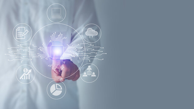 Usiness people touch Virtual screen to scan fingerprints, data management concepts, big data, business processes, automated operations, various storage systems, cloud computing.