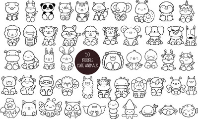 50 Animals Cartoon, Big collection of decorative for kids,baby characters, card,hand drawn, cartoon style, vector.vector illustration 