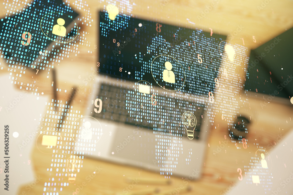Aufkleber Double exposure of social network icons concept with world map and computer on background. Networking concept