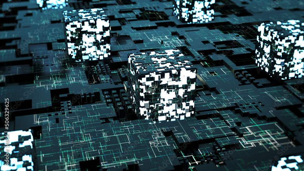 Poster blockchain concept. isometric digital blocks connect with each other and shapes crypto chain. blocks