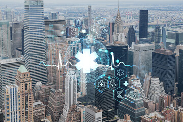 Plakat Aerial panoramic city view of Upper Manhattan, the East Side, river and Brooklyn on horizon, New York city, USA. Health care digital medicine hologram. The concept of treatment and disease prevention