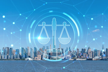 Plakat New York City skyline from New Jersey over the Hudson River towards Midtown Manhattan at day time. Glowing hologram legal icons. The concept of law, order, regulations and digital justice