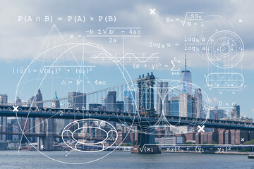 Brooklyn and Manhattan bridges with New York City financial downtown skyline panorama at day time...