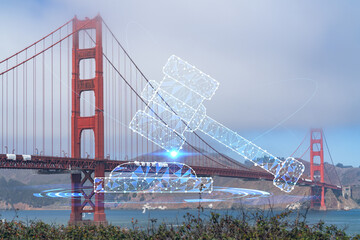 Obraz na płótnie Canvas The iconic view of the Golden Gate Bridge from South side, day time, San Francisco, California, United States. Glowing hologram legal icons. The concept of law, order, regulations and digital justice