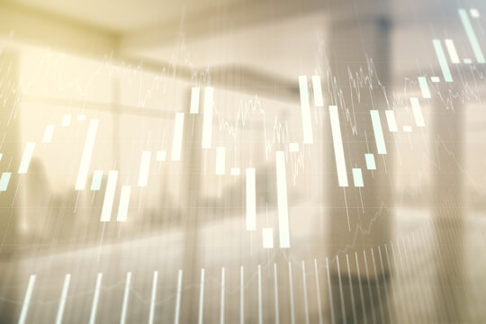 Multi exposure of virtual abstract financial diagram on abstract empty interior background, banking and accounting concept - Powered by Adobe