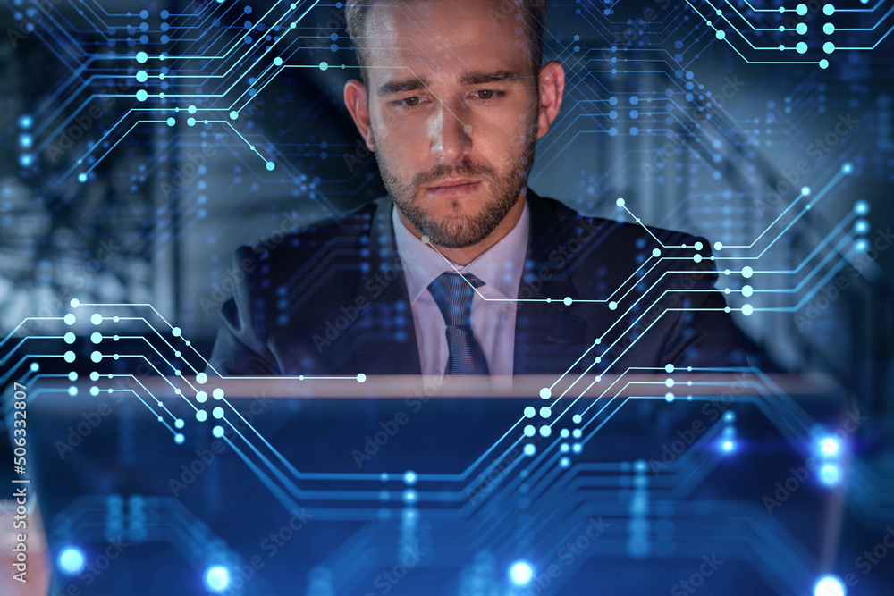 Aufkleber handsome businessman in suit at workplace working with laptop to optimize development by implying ne