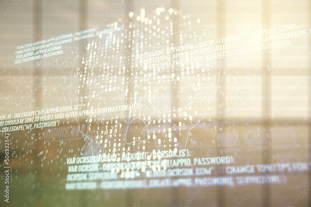 Poster abstract virtual code skull illustration on empty corporate office background. hacking and phishing 